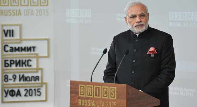 Narendra Modi, Prime Minister of the Republic of India, speaks at a meeting of BRICS leaders with the BRICS Business Council in Ufa. Source: BRICS2015.ru