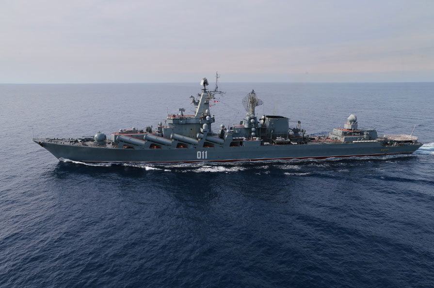 The Varyag guided-missile cruiser is leading the Russian naval group off the Syrian coast.
