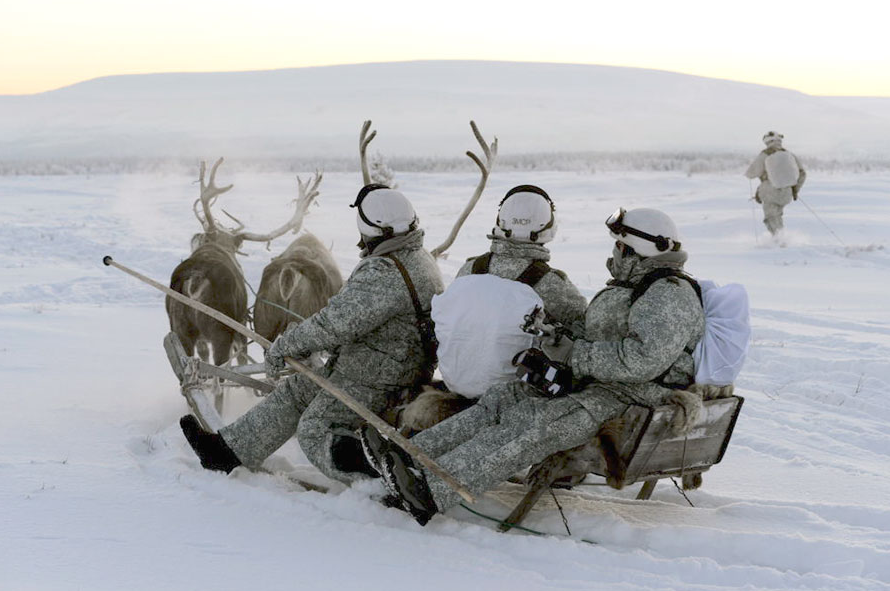The Arctic brigade conducted exercises with husky dogs and reindeer.