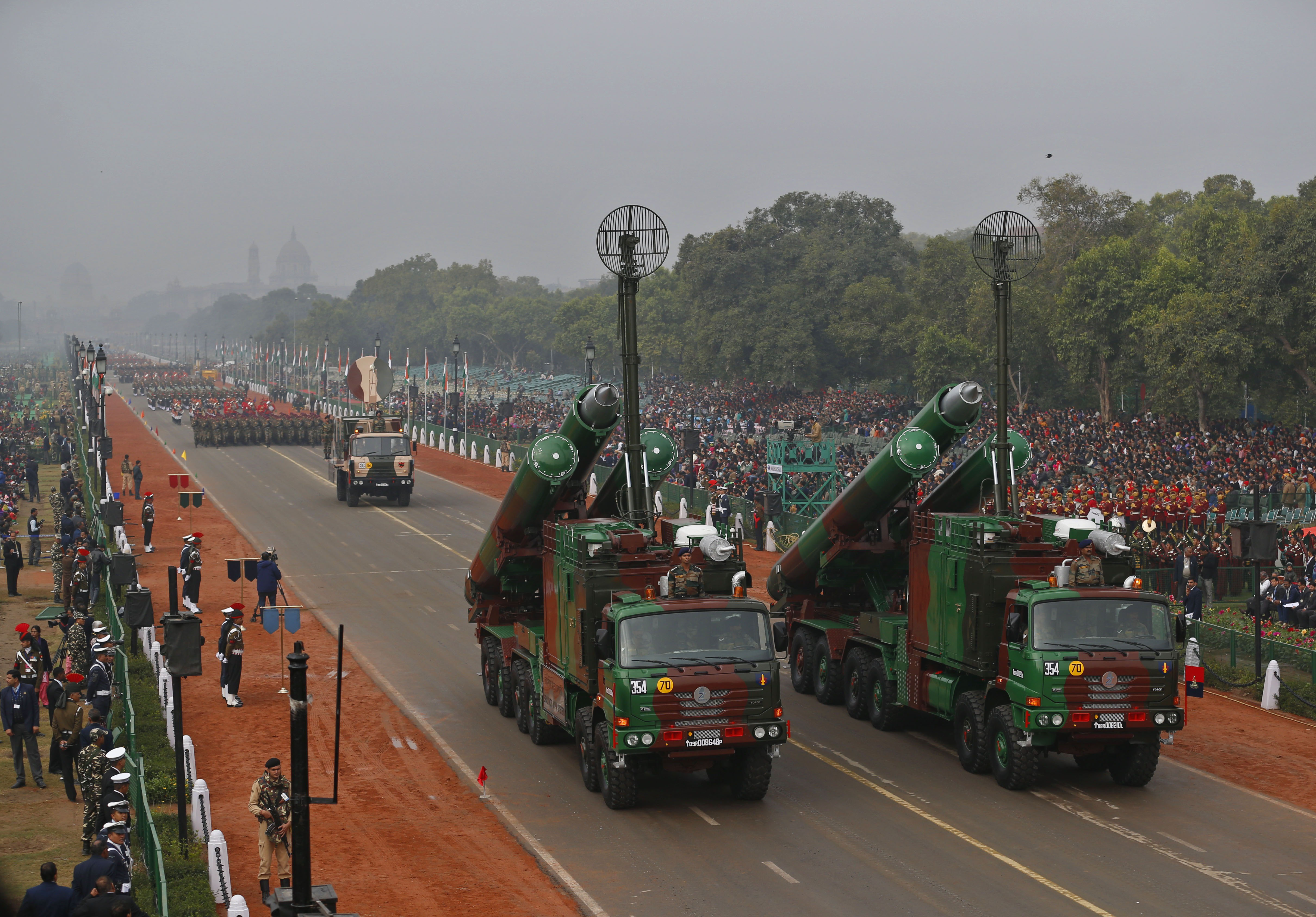 Brahmos supersonic missiles, jointly developed by India and Russia, are displayed during full dress rehearsals for the Republic Day parade in New Delhi, India, Thursday, Jan. 23, 2014.