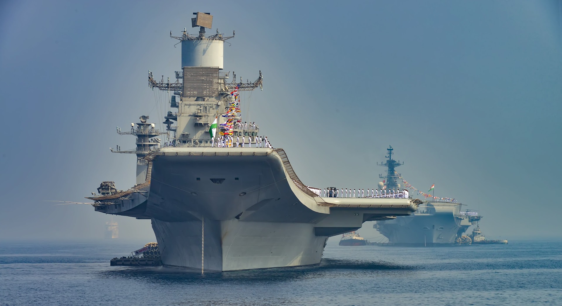 Indian aircraft carriers INS Viraat and INS Vikramaditya at the International Fleet Review 2016.