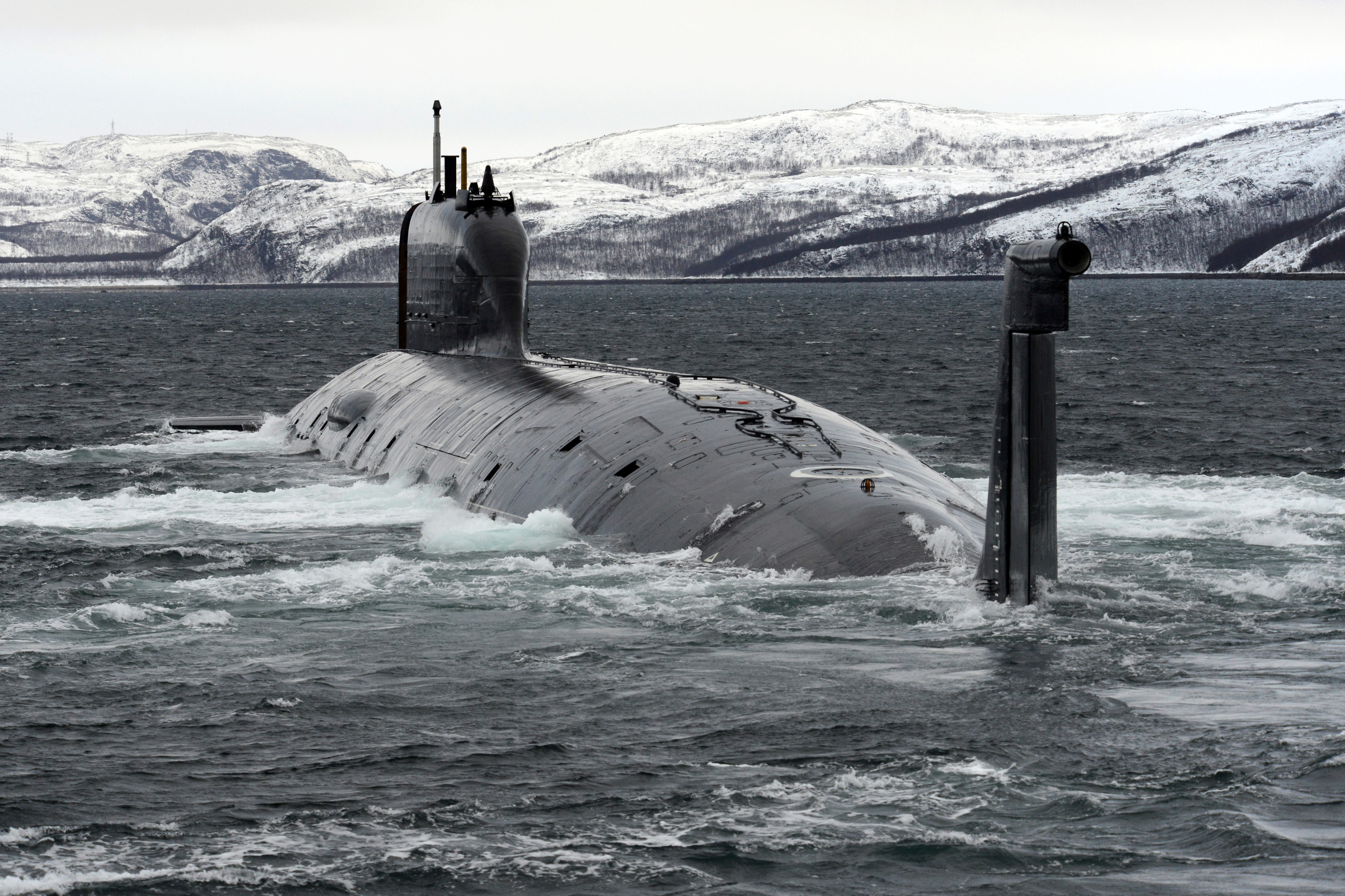 The Russian Northern Fleet's Severodvinsk nuclear submarine during an exercise off Zapadnaya Litsa Base to test a new submarine escape vessel.