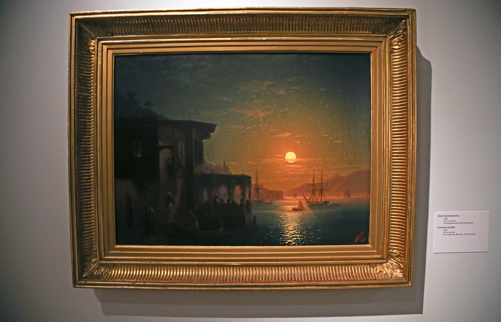 Constantinople, 1882.The fact that Aivazovsky had painted the Russian fleet’s victory over the Turks did not stop the Ottoman Empire’s rulers from buying Aivazovsky’s canvases of Constantinople. The artist clearly takes delight in the effects of light here, sketching an ephemeral trail of moonlight on the water, filling the background with a yellow-lilac luminescence and setting up the painting’s composition as if the canvas were a theatre stage with darkness in the wings.
