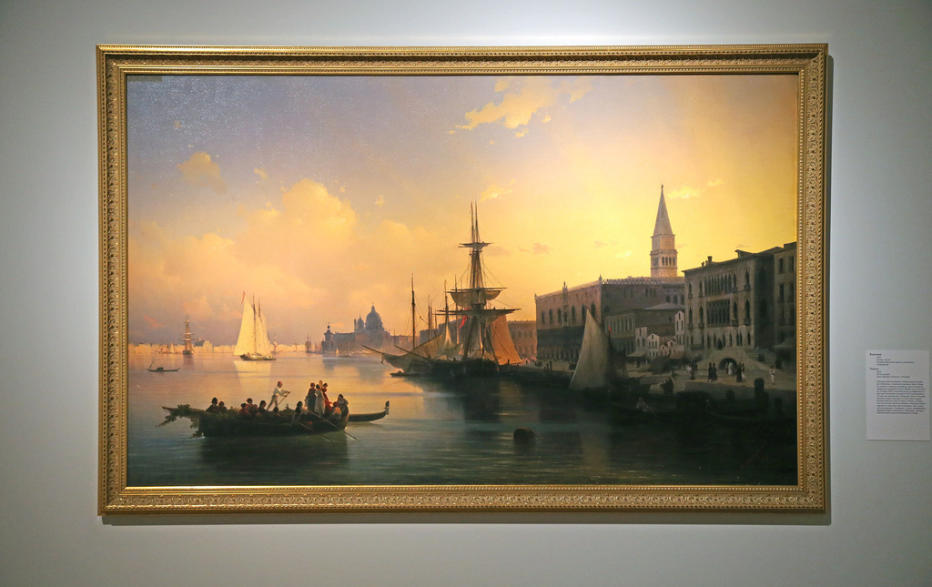 Venice, 1842.This is one of the best-known views of Venice, painted many times over by European masters. If other 19th century artists were seized by the pace of life in the city, Aivazovsky the Romantic was enamoured of Venice’s water and its light. The clash and symbiosis of water and light, and not the people in the boat, is the painting’s only true subject.