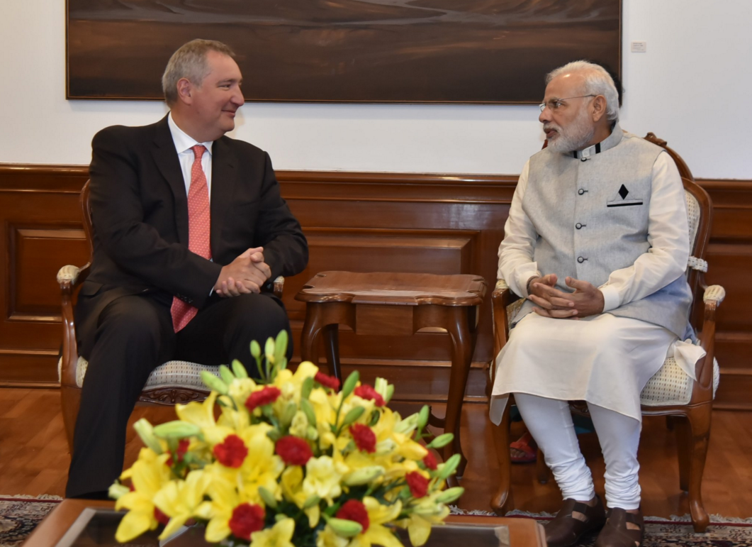 Russian Deputy Prime Minister Dmitry Rogozin and Indian Prime Minister Narendra Modi during talks in New Delhi.