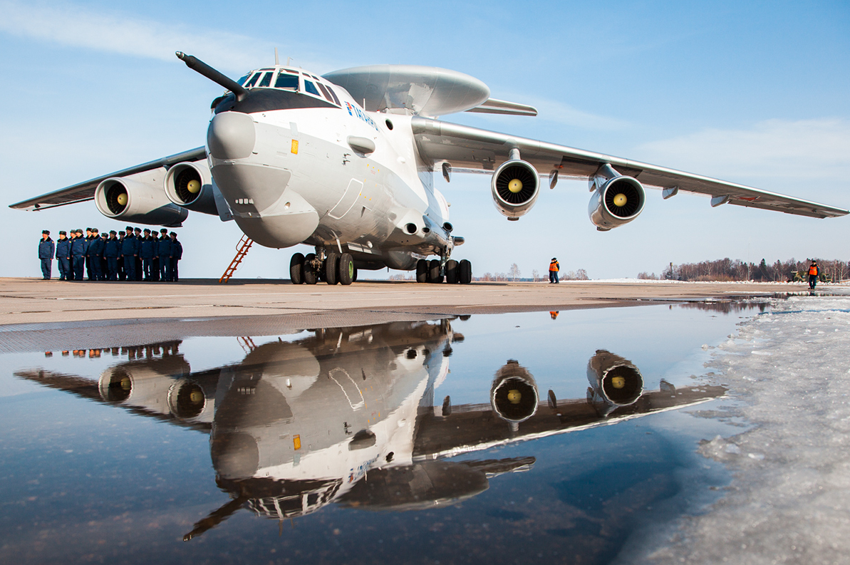 The Beriev A-50 is an airborne early warning and control (AWACS) aircraft based on the Il-76 transport jet.  