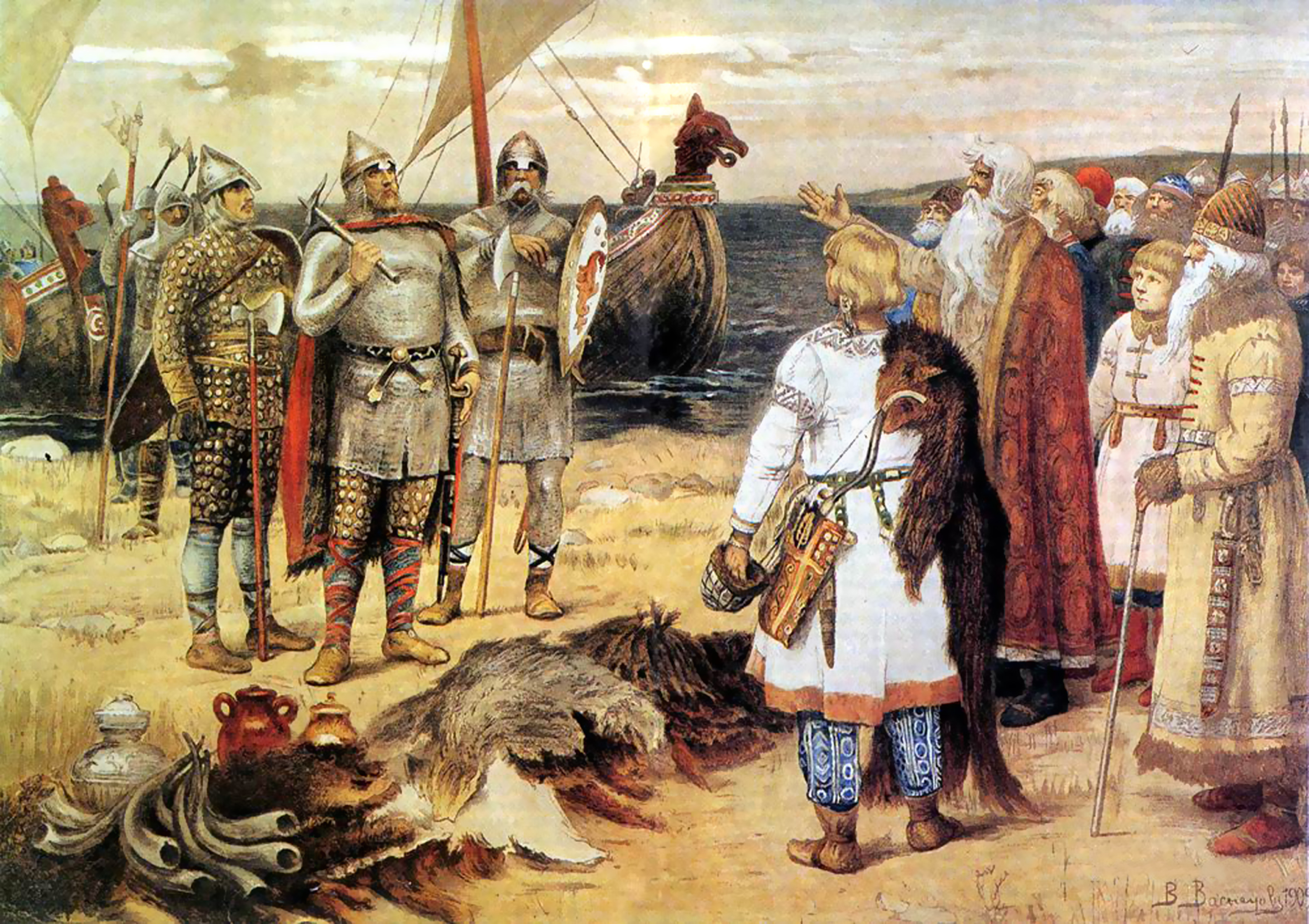 Viktor Vasnetsov. The Invitation of the Varangians: Rurik and his brothers arrive in Staraya Ladoga (1909)