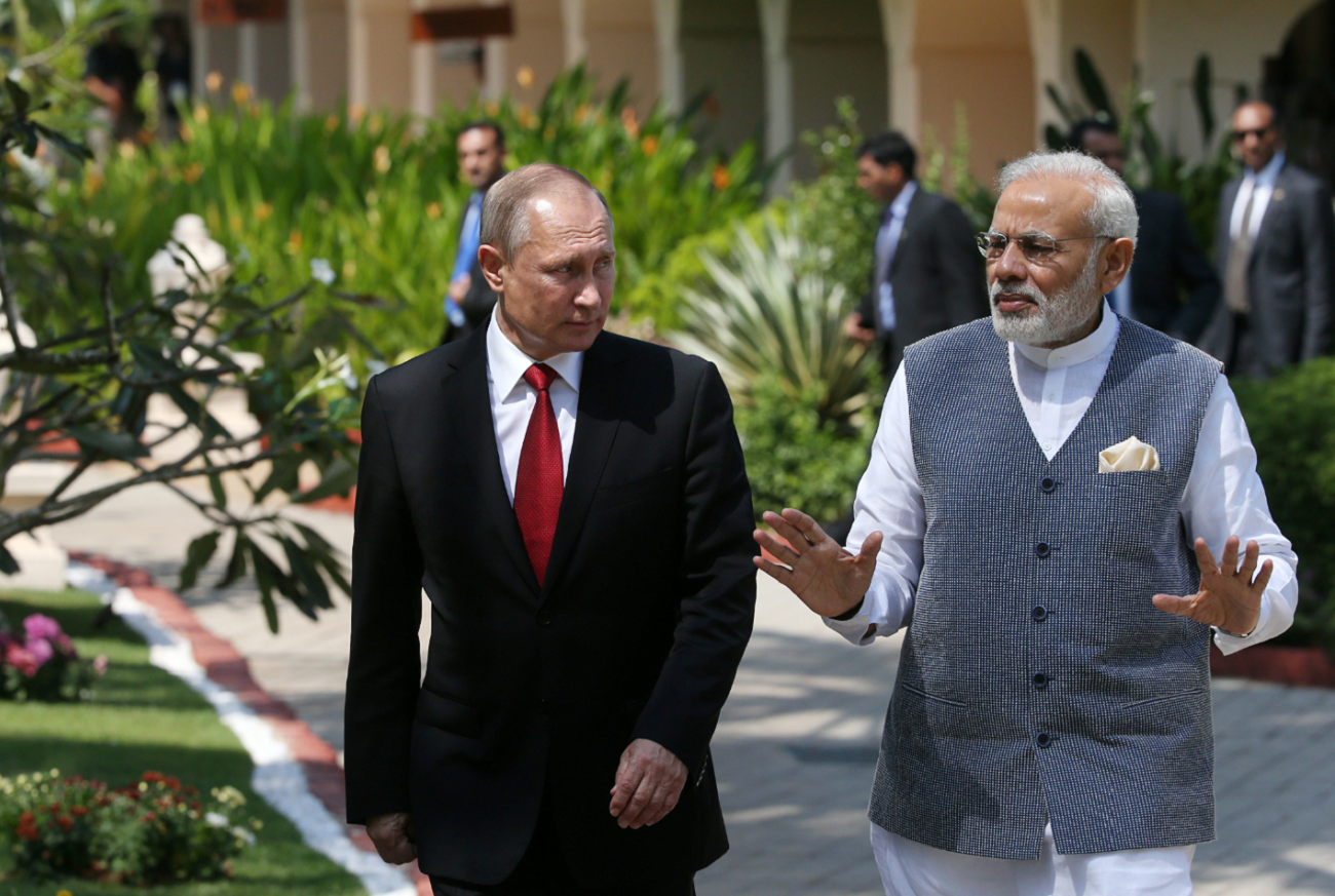 Russian President Vladimir Putin and Indian Prime Minister Narendra Modi, right, during their meeting at Taj Exotica Goa, India.