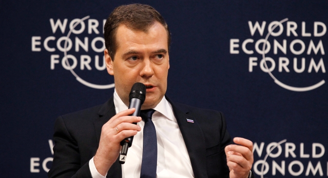 Il premier russo Dmitri Medvedev durante il suo intervento al World Economic Forum di Davos, in Svizzera (Foto: RIA Novosti / Dmitry Astakhov)
