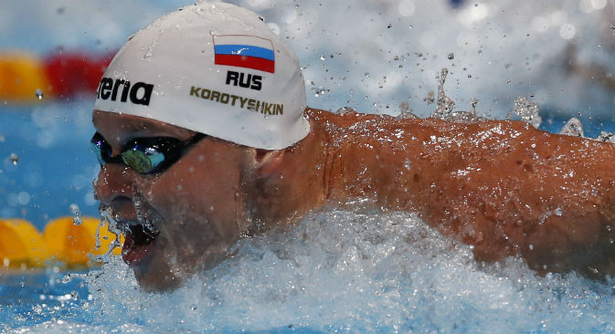 Evgeny Korotyshkin nei 100 metri farfalla maschili ai Mondiali di nuoto di Barcellona, il 2 agosto 2013 (Foto: Ap)
