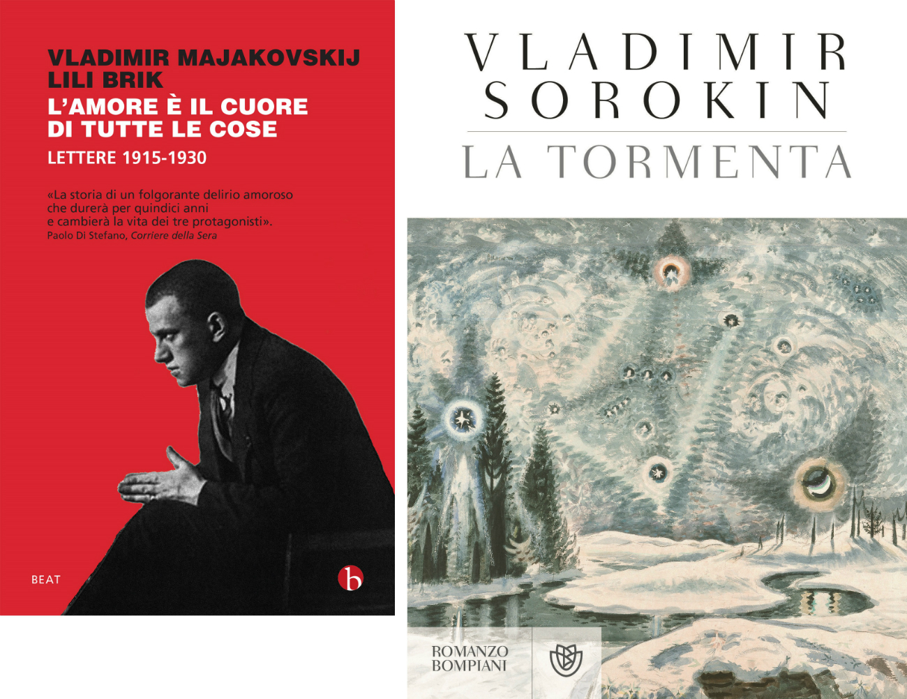 Le copertine del libro “L’amore è il cuore di tutte le cose” che raccoglie la corrispondenza di Vladimir Mayakovskij e del romanzo “La tormenta” di Vladimir Sorokin. 
