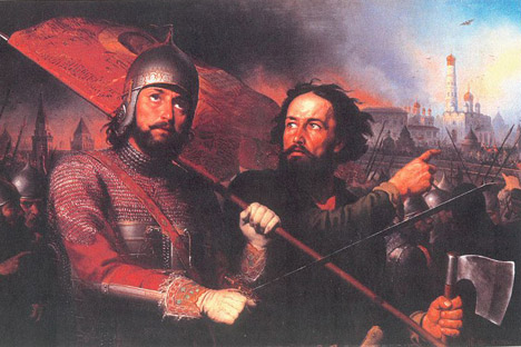 ミーニン(右）とポジャールスキーを描いた19世紀の絵画。