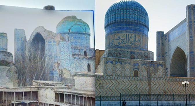 ビービー・ハーヌム・モスク, サマルカンド市。100年前（左）と今＝画像提供：「ナショナル・カラー（国民の色）」