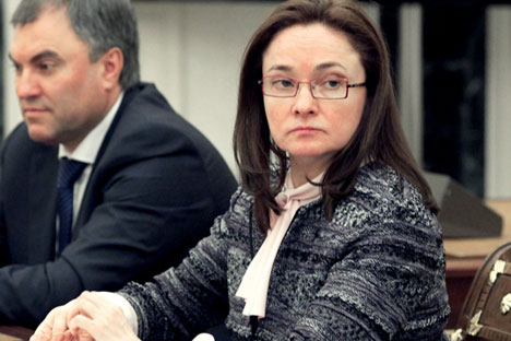 Die Chefin von der russischen Zentralbank Elvira Nabiullina.  Die russische Zentralbank hat der großen russischen Bank "Master-Bank" die Lizenz entzogen. Foto: ITAR-TASS