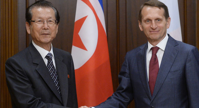 From right: State Duma Speaker Sergei Naryshkin meets with Choe Thae-bok, Chairman of the DPRK (Democratic People's Republic of Korea) Supreme People's Assembly, in Moscow. Source: RIA Novosti/Vladimir Fedorenko