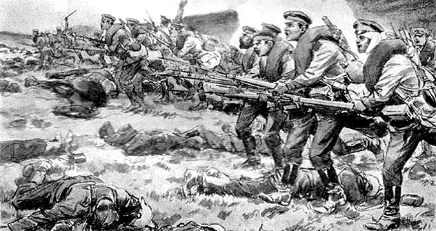 „Напад мртваца“: руски војници смртно отровани гасом последњим животним силама јуришају и побеђују немачку јединицу код утврђења Осовец 1915. године. Из слободних извора.